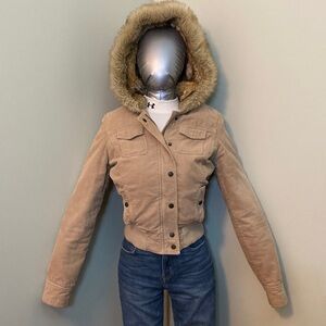 Kismet Tan Corduroy Hooded Jacket with Faux Fur Trim